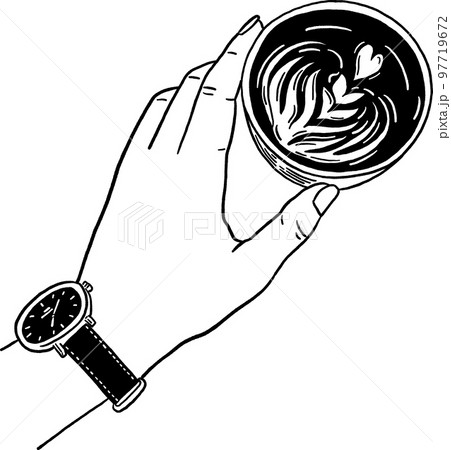 Hand with Hot Coffee Latte art Hand drawn line art illustration Hand with Hot Coffee Latte art Hand drawn line art illustration 97719672