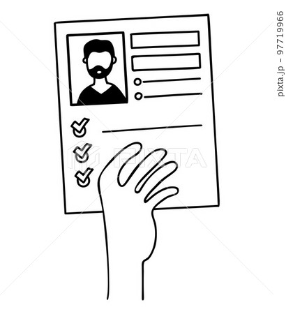 Resume of bearded man in his hand. Vector illustration in doodle style. Job search concept, document, job seeker questionnaire. Resume of bearded man in his hand. Vector illustration in doodle style. Job search concept, document, job seeker questionnaire. 97719966