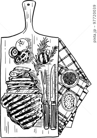 Ribeye Beef steak Grilled meat slice on wooden plate restaurant menu Hand drawn line art vector illustration Ribeye Beef steak Grilled meat slice on wooden plate restaurant menu Hand drawn line art vector illustration 97720039