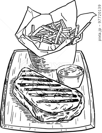 Ribeye steak food Grilled meat slice with potato fried on plate restaurant Food menu Hand drawn line art vector illustration 97720139