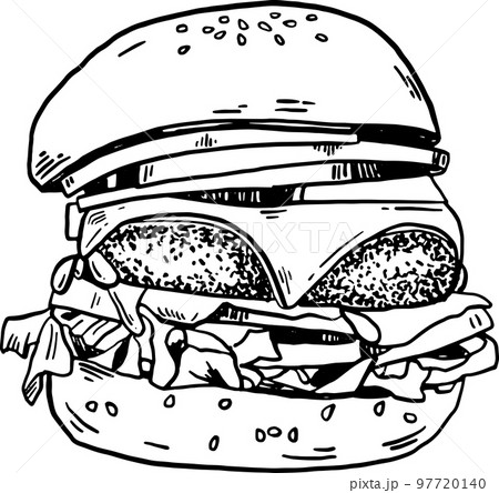 Hamburger with cheese Homemade Fast food menu Hand drawn line art vector illustration 97720140
