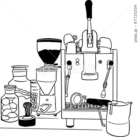 Coffee machine Cafe restaurant equipment Hand drawn line art vector 97720204