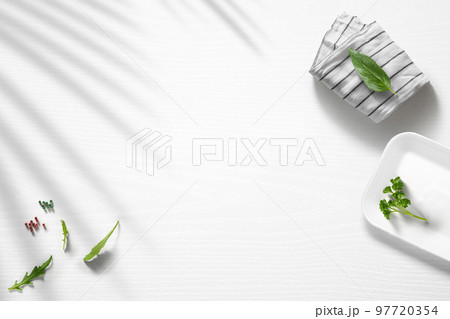 Flat lay of a kitchen with various food items Flat lay of a kitchen with various food items 97720354