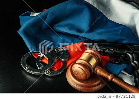 Russian justice. Wooden gavel and russian flag 97721129