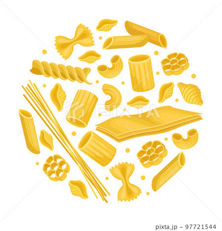 Italian pasta banner. Dry macaroni of various shapes for menu, poster, flyer, card, packaging design cartoon vector 97721544