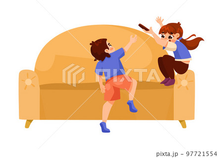 Naughty Little Girl and Boy on Sofa Making Mess and Chaos Around Vector Illustration 97721554