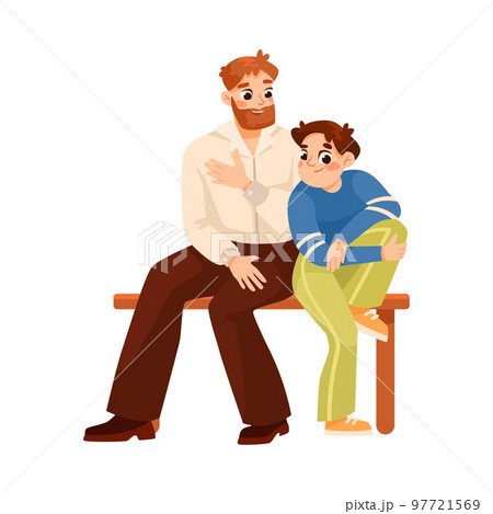 Man Parent Supporting Boy Son Sitting on Bench Vector Illustration 97721569