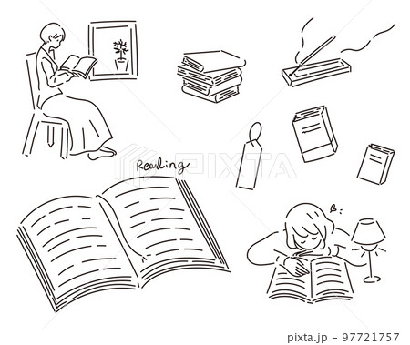 読書をする人や栞のセットイラスト　本　積読 97721757
