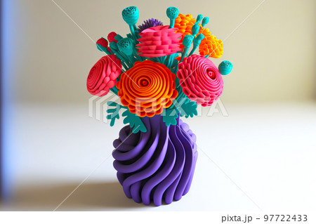 Bright plasticine flower with green stems standing in pretentious vase Bright plasticine flower with green stems standing in pretentious vase 97722433