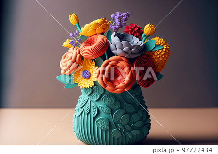 Floral composition of orange and purple plasticine flower in vase Floral composition of orange and purple plasticine flower in vase 97722434