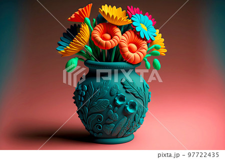 Beautiful hand-sculpted bouquet of plasticine flower in decorated vase Beautiful hand-sculpted bouquet of plasticine flower in decorated vase 97722435