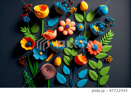 Small multicolored plasticine flower laid out on art panel Small multicolored plasticine flower laid out on art panel 97722445