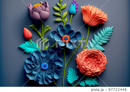 Art composition of hand-sculpted plasticine flower on gray background Art composition of hand-sculpted plasticine flower on gray background 97722446