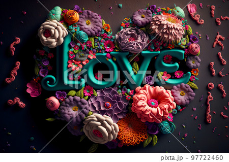Decorated plasticine flower bright panel with inscription love Decorated plasticine flower bright panel with inscription love 97722460