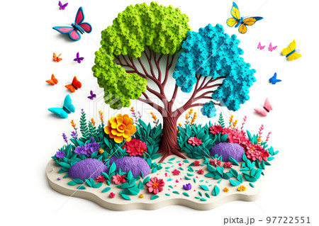 Artistic composition of textured plasticine flower and trees isolated on white 97722551