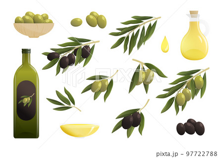 Olive oil cartoon set. Bottle of oil, green and black olive branch, drop of oil. Vector illustration 97722788