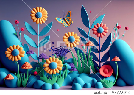 Bright summer composition of curly plasticine flower in form of glade Bright summer composition of curly plasticine flower in form of glade 97722910
