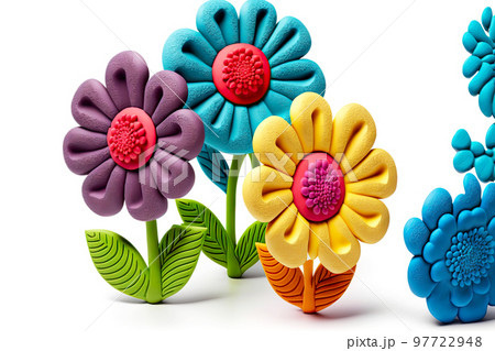 Three voluminous plasticine flowers with rounded petals and leaves Three voluminous plasticine flowers with rounded petals and leaves 97722948