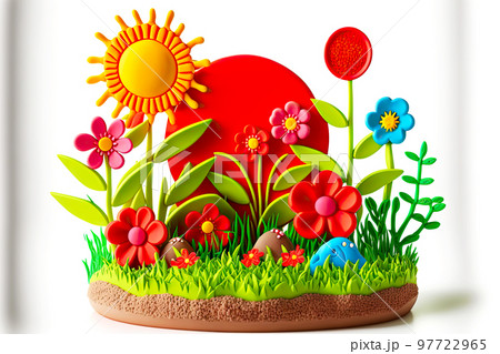 Children's collage with plasticine flower and sun on white background Children's collage with plasticine flower and sun on white background 97722965