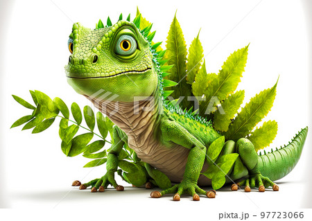 Funny sculpture of green plasticine iguana isolated on white background 97723066