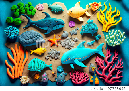 Whole set of diverse and colorful plasticine marine animals Whole set of diverse and colorful plasticine marine animals 97723095