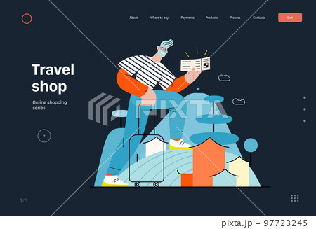 Travel shop -Online shopping and electronic commerce series -modern flat vector concept illustration of a travelling man with a case and ticket. Promotion, discounts, sale and online orders concept Travel shop -Online shopping and electronic commerce series -modern flat vector concept illustration of a travelling man with a case and ticket. Promotion, discounts, sale and online orders concept 97723245