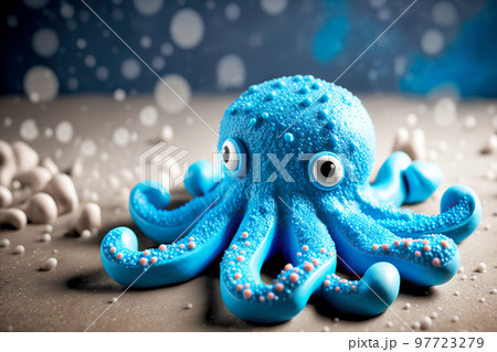 Bright blue plasticine octopus with spread tentacles on surface of table Bright blue plasticine octopus with spread tentacles on surface of table 97723279