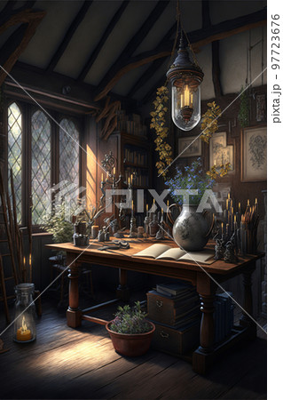 イラスト 工房 書斎 錬金術 作業場 魔法 ファンタジー 屋敷 97723676