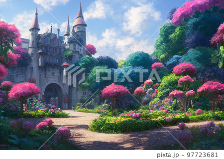 城 ファンタジー 花 植物 青空 雲 庭園 春 97723681