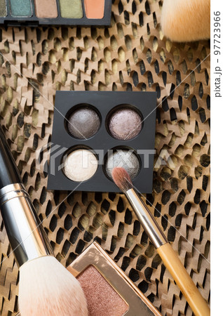 fashion set of new cosmetics palettes with  brushes. close up 97723966