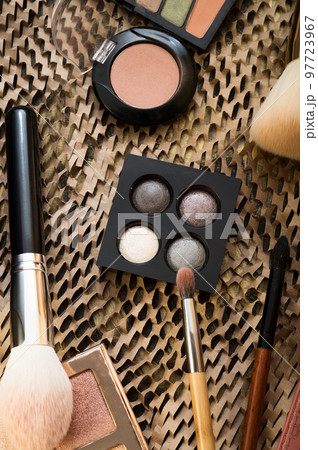 fashion set of new cosmetics palettes with  brushes. close up 97723967