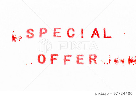 Red color ink rubber stamp in word special offer on white paper background Red color ink rubber stamp in word special offer on white paper background 97724400
