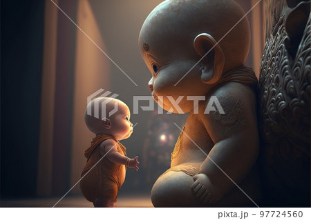 baby buddhist monk praying in front of buddah statue illustration generative ai 97724560