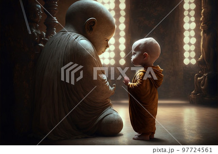baby buddhist monk praying in front of buddah statue illustration generative ai 97724561