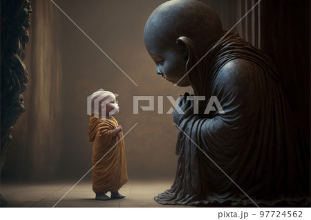 baby buddhist monk praying in front of buddah statue illustration generative ai 97724562