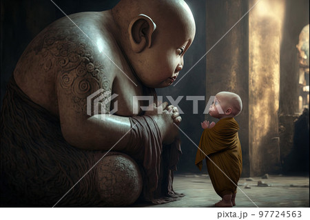 baby buddhist monk praying in front of buddah statue illustration generative ai 97724563