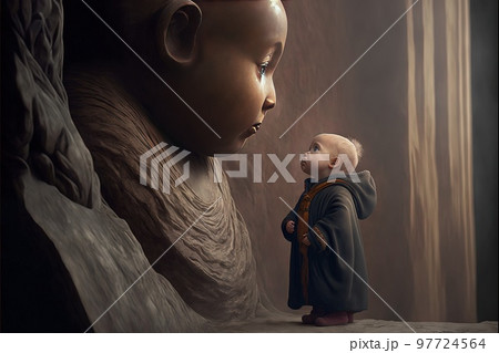 baby buddhist monk praying in front of buddah statue illustration generative ai 97724564