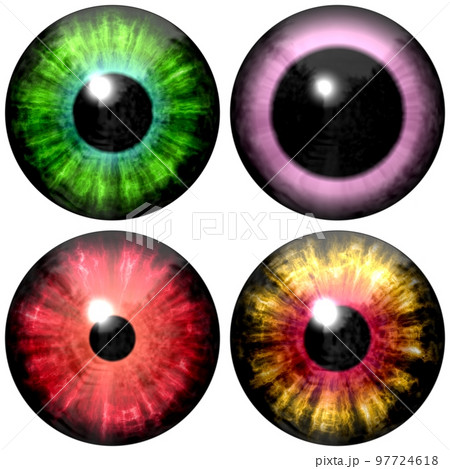 Human and animal eyes. Big eye with striped colorful iris and dark thin pupil 97724618
