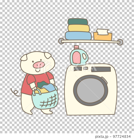 ドラム式洗濯機で洗濯をするかわいいブタのイラスト素材 97724834