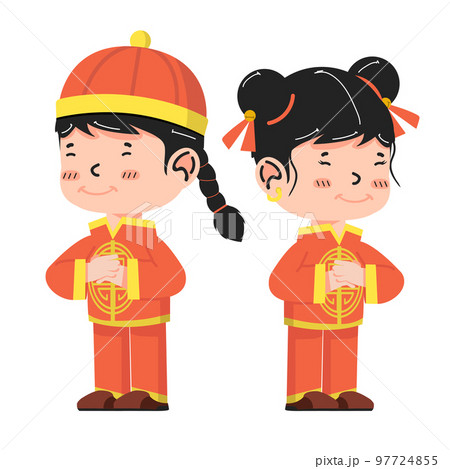 Chinese Kid girl and boy cartoon greeting pose Chinese Kid girl and boy cartoon greeting pose 97724855