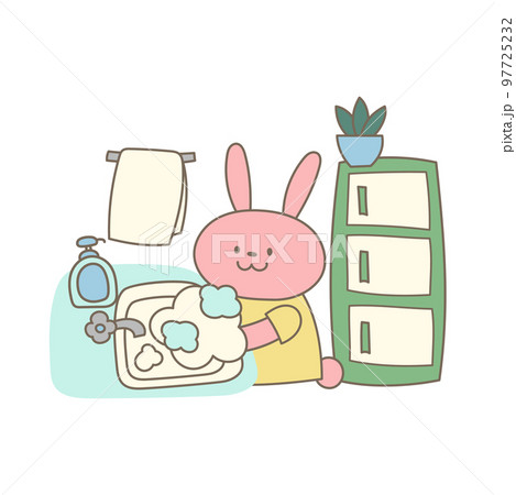 手を洗うかわいいウサギのイラスト素材 97725232