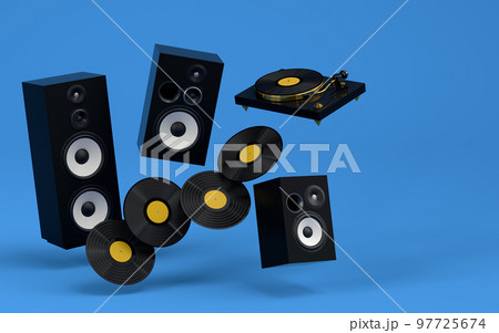 Set of Hi-fi speakers and DJ turntable for sound recording studio on blue. 97725674