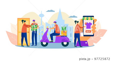 Online store delivery concept, vector illustration. Flat people character work at order service, internet business. Woman buy online, make payment Online store delivery concept, vector illustration. Flat people character work at order service, internet business. Woman buy online, make payment 97725872