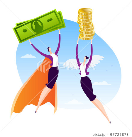 Superwoman character with money vector illustration. Business hero people design, successful person job, manager flying with currency Superwoman character with money vector illustration. Business hero people design, successful person job, manager flying with currency 97725873