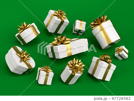 Gift boxes with ribbon and bow for Merry Christmas flying and falling on green 97726562