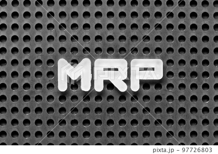 White alphabet letter in word MRP (Abbreviation of Material requirements planning) on black pegboard background 97726803
