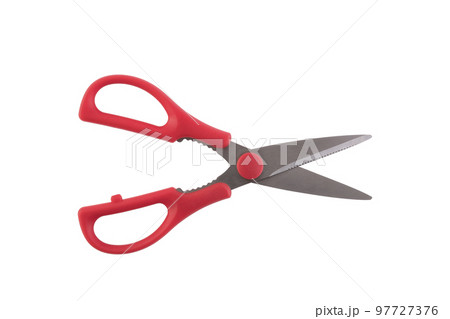 Scissors with red plastic handles isolated on white background with clipping path 97727376