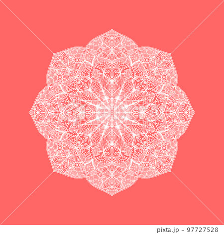 Abstract mandala. Decorative design element for yoga mat, cover, tapestry. Ornament in circle. Round floral pattern. Indian, turkish, arabic motifs. Bright ethnic arabesque. 97727528