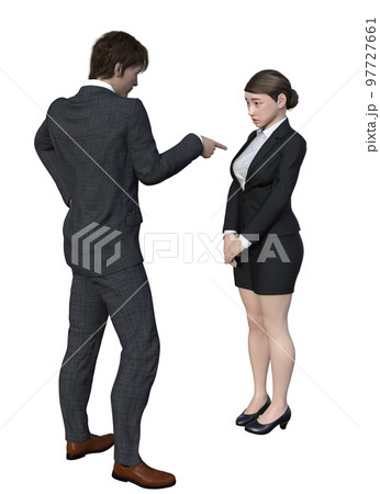 上司に叱られ反省する女性社員と指差しポーズで叱る上司 日本人3Dモデルの全身横向きと後ろ姿のイラスト 97727661