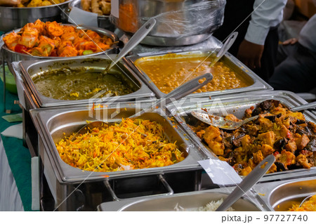 Fresh colorful vegan dishes - Paneer Tikka, vegetables, chickpeas, vermicelli Fresh colorful vegan dishes - Paneer Tikka, vegetables, chickpeas, vermicelli 97727740